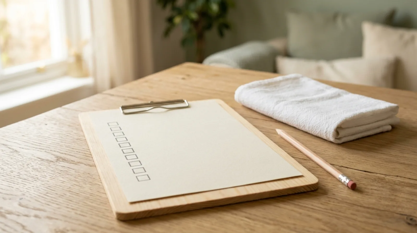 A clipboard with a blank checklist beside a cotton towel