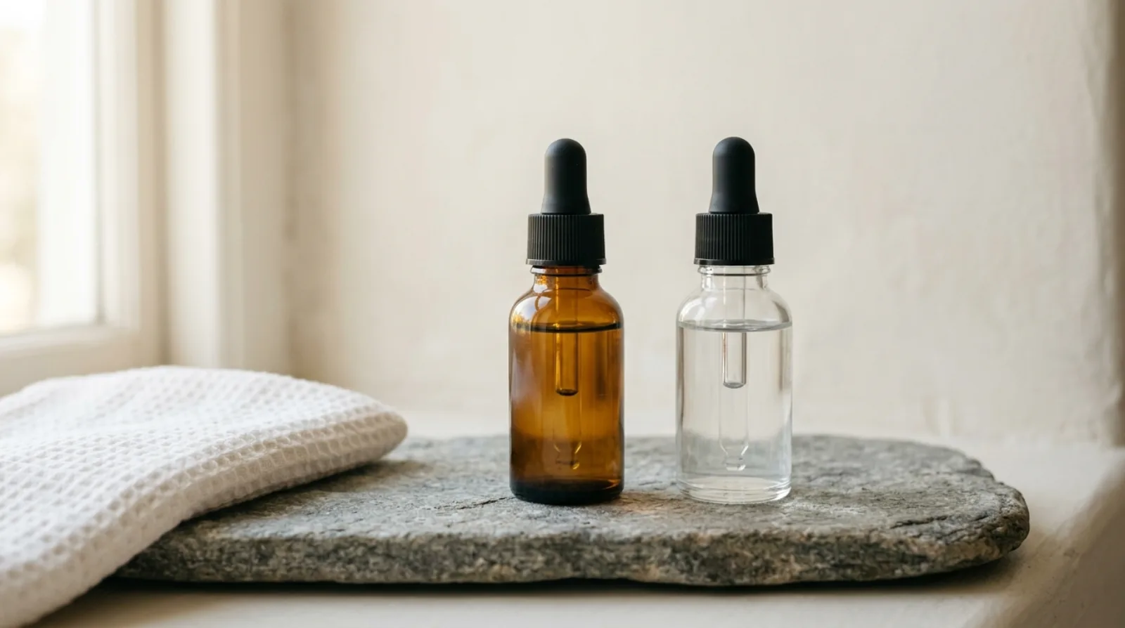 Two small dropper bottles standing side by side on a stone tray