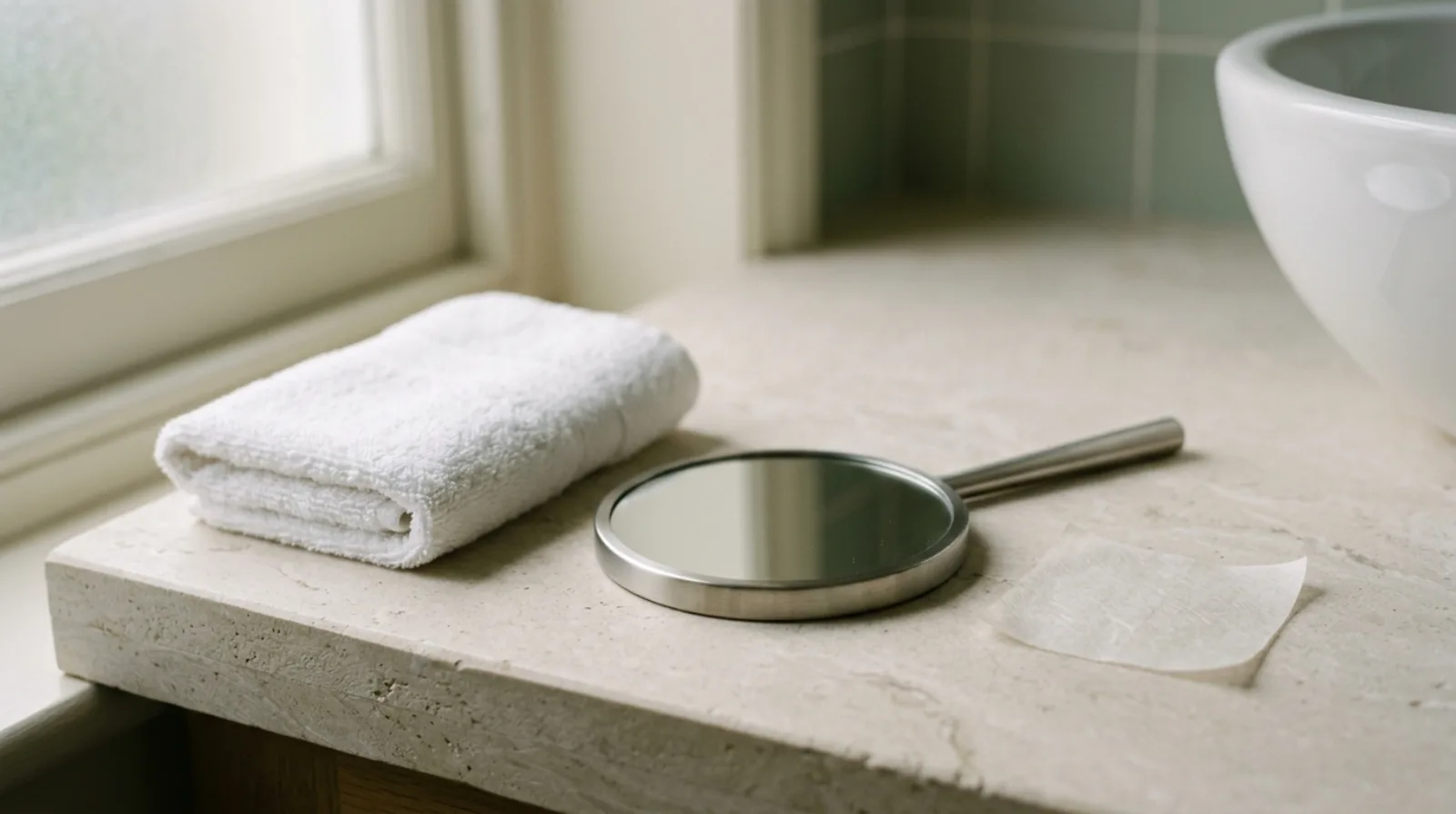 A folded towel, a small mirror and a blotting paper on a bathroom counter