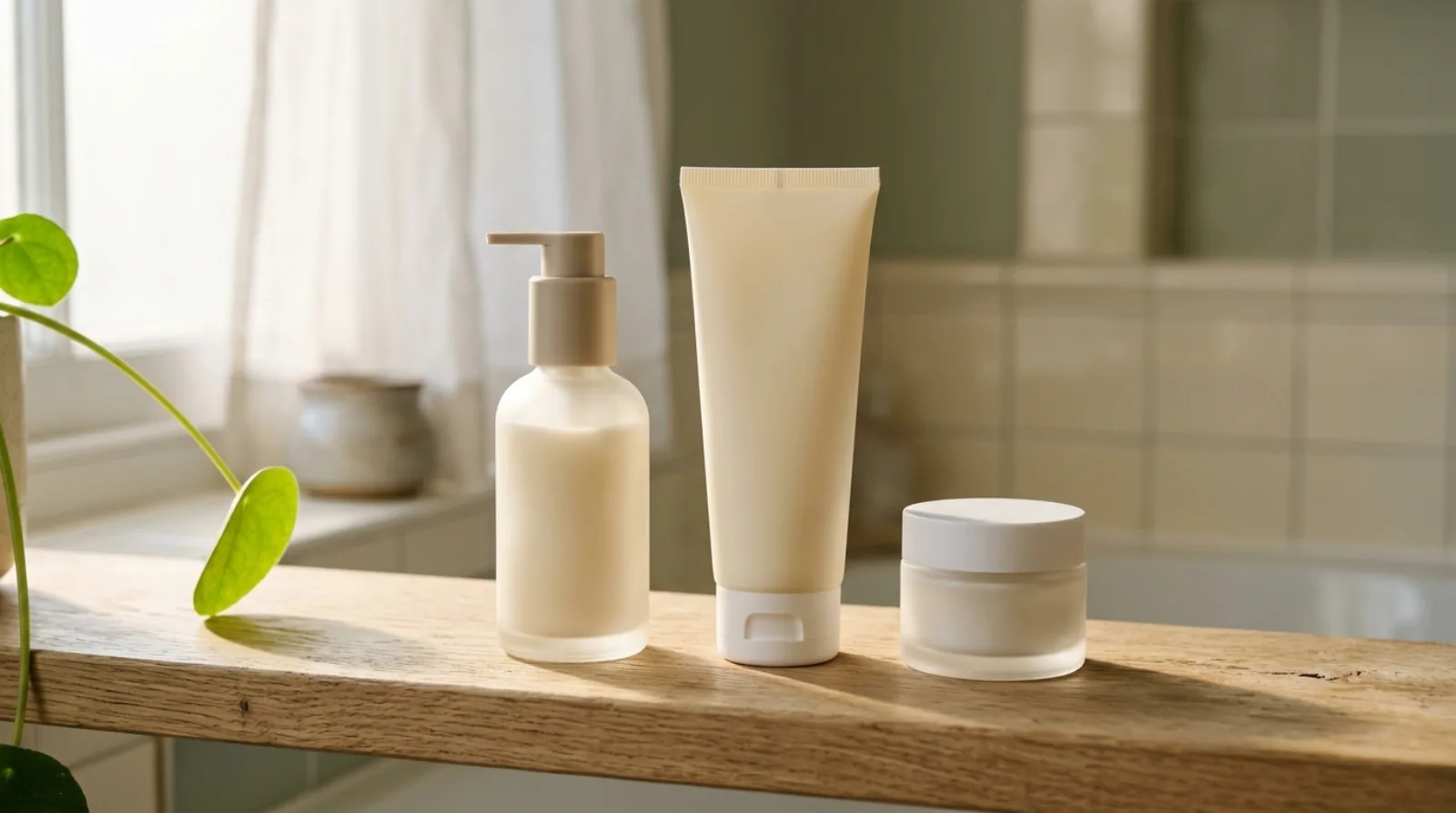 A pump bottle, a tube and a small jar, all plain, lined up on a wooden shelf in morning light